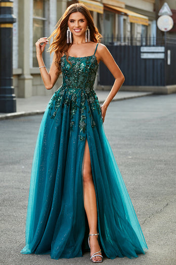 Gorgeous A Line Spaghetti Straps Dark Green Long Formal Dress with Appliques