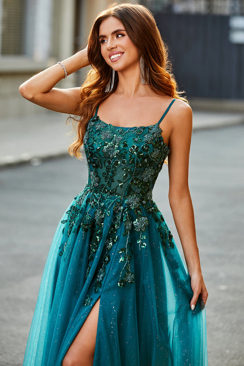 Load image into Gallery viewer, Gorgeous A Line Spaghetti Straps Dark Green Long Formal Dress with Appliques