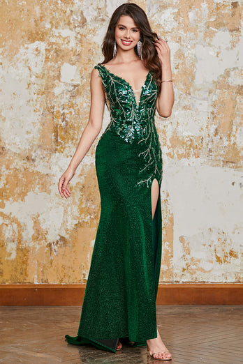 Sparkly Dark Green Mermaid Formal Dress with Slit