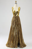 Sparkly A Line Deep V-Neck Golden Long Formal Dress with Split Front