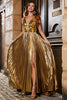 Load image into Gallery viewer, Stunning A Line V-Neck Golden Long Formal Dress with Split Front