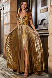 Stunning A Line V-Neck Golden Long Formal Dress with Split Front