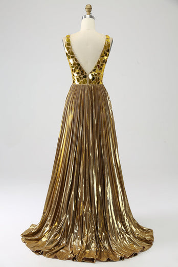 Sparkly A Line Deep V-Neck Golden Long Formal Dress with Split Front
