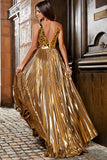 Stunning A Line V-Neck Golden Long Formal Dress with Split Front