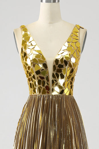 Sparkly A Line Deep V-Neck Golden Long Formal Dress with Split Front