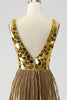 Load image into Gallery viewer, Sparkly A Line Deep V-Neck Golden Long Formal Dress with Split Front