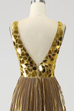 Sparkly A Line Deep V-Neck Golden Long Formal Dress with Split Front