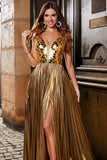 Stunning A Line V-Neck Golden Long Formal Dress with Split Front