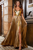 Stunning A Line V-Neck Golden Long Formal Dress with Split Front