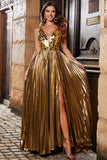 Stunning A Line V-Neck Golden Long Formal Dress with Split Front