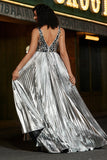 Sparkly A-Line V-Neck Silver Mirror Formal Dress with Slit