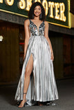 Sparkly A-Line V-Neck Silver Mirror Formal Dress with Slit