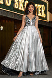 Sparkly A-Line V-Neck Silver Mirror Formal Dress with Slit