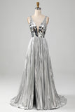 Sparkly A Line Deep V-Neck Golden Long Formal Dress with Split Front
