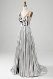 Sparkly A-Line V-Neck Silver Mirror Formal Dress with Slit