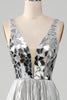 Load image into Gallery viewer, Sparkly A-Line V-Neck Silver Mirror Formal Dress with Slit
