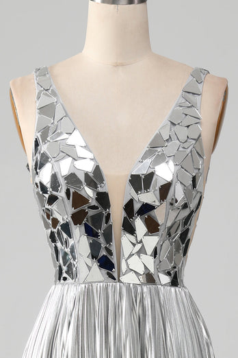 Sparkly A-Line V-Neck Silver Mirror Formal Dress with Slit