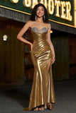 Sparkly Golden Mermaid Strapless Long Beaded Formal Dress with Slit