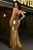 Load image into Gallery viewer, Sparkly Golden Mermaid Strapless Long Beaded Formal Dress with Slit