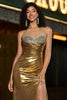 Load image into Gallery viewer, Sparkly Golden Mermaid Strapless Long Beaded Formal Dress with Slit