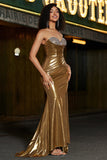 Sparkly Golden Mermaid Strapless Long Beaded Formal Dress with Slit