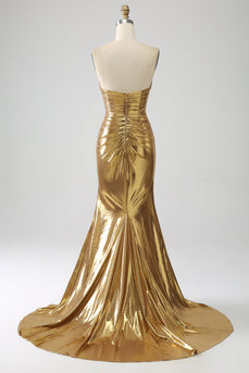 Golden Mermaid Strapless Long Formal Dress with Slit
