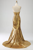 Golden Mermaid Strapless Long Formal Dress with Slit