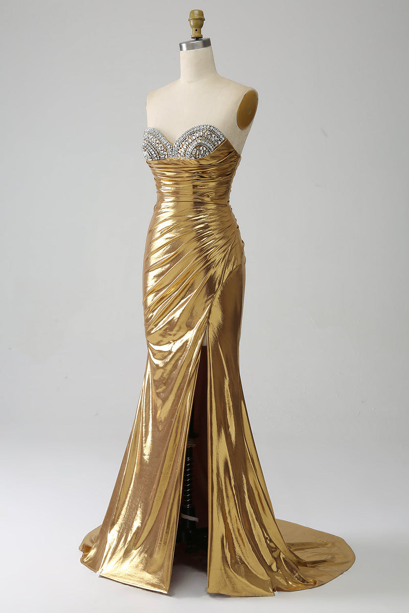 Load image into Gallery viewer, Golden Mermaid Strapless Long Formal Dress with Slit