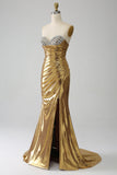 Golden Mermaid Strapless Long Formal Dress with Slit