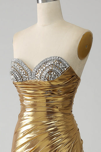 Golden Mermaid Strapless Long Formal Dress with Slit