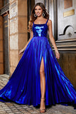 Sparkly A Line Royal Blue Long Formal Dress with Criss Cross Back