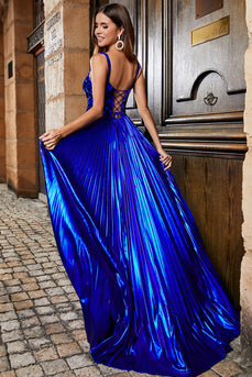 Sparkly A Line Royal Blue Long Formal Dress with Criss Cross Back