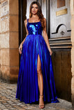 Sparkly A Line Royal Blue Long Formal Dress with Criss Cross Back