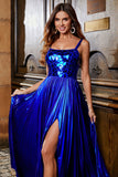 Sparkly A Line Royal Blue Long Formal Dress with Criss Cross Back