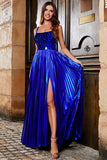 Sparkly A Line Royal Blue Long Formal Dress with Criss Cross Back