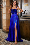 Sparkly A Line Royal Blue Long Formal Dress with Criss Cross Back