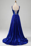 Sparkly Lace-Up Back Royal Blue Mirror Formal Dress with Slit