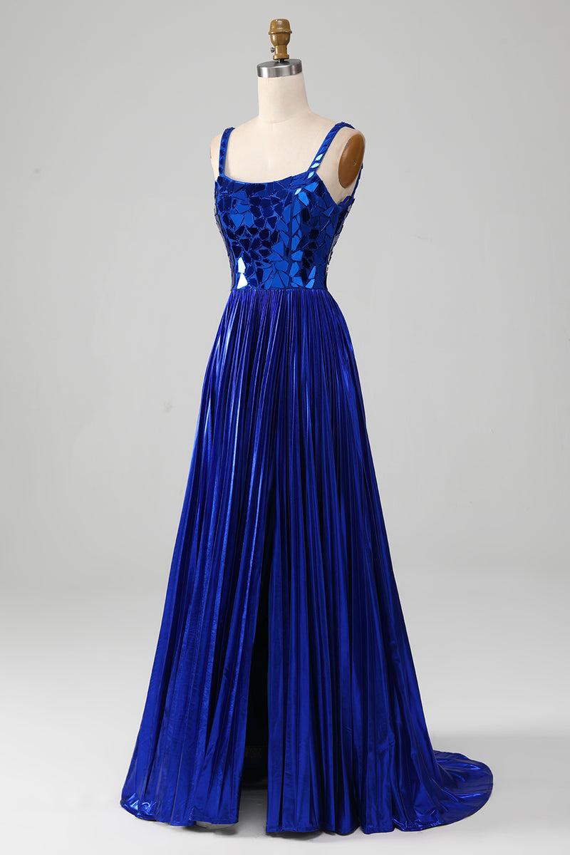 Load image into Gallery viewer, Sparkly Lace-Up Back Royal Blue Mirror Formal Dress with Slit
