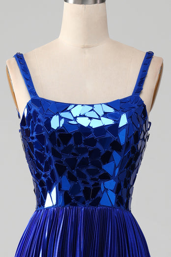 Sparkly Lace-Up Back Royal Blue Mirror Formal Dress with Slit