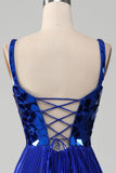 Sparkly Lace-Up Back Royal Blue Mirror Formal Dress with Slit