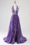 Glitter Purple Pleated Metallic Long Formal Dress with Slit