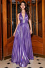 Load image into Gallery viewer, Purple Pleated Metallic Glitter Long Formal Dress with Slit