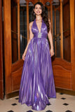 Purple Pleated Metallic Glitter Long Formal Dress with Slit