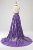 Load image into Gallery viewer, Glitter Purple Pleated Metallic Long Formal Dress with Slit