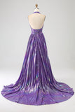 Glitter Purple Pleated Metallic Long Formal Dress with Slit