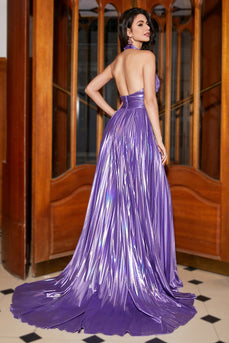 Purple Pleated Metallic Glitter Long Formal Dress with Slit