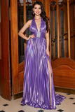 Purple Pleated Metallic Glitter Long Formal Dress with Slit