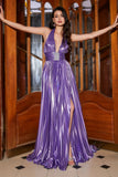 Purple Pleated Metallic Glitter Long Formal Dress with Slit