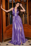 Purple Pleated Metallic Glitter Long Formal Dress with Slit