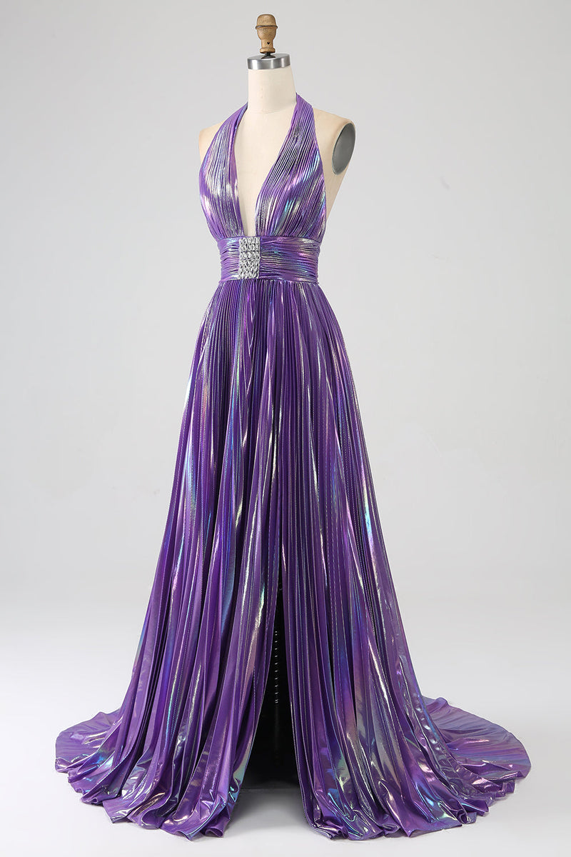 Load image into Gallery viewer, Glitter Purple Pleated Metallic Long Formal Dress with Slit